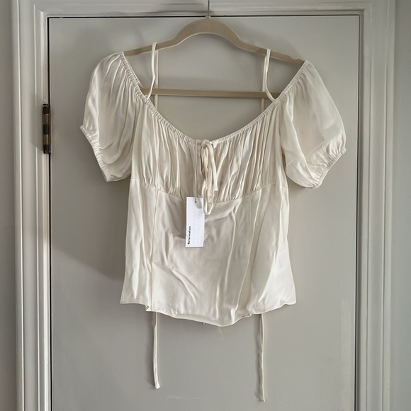 Reformation  Puff Sleeve Smocked Blouse Top in Cream Size 10 - Picture 13 of 15